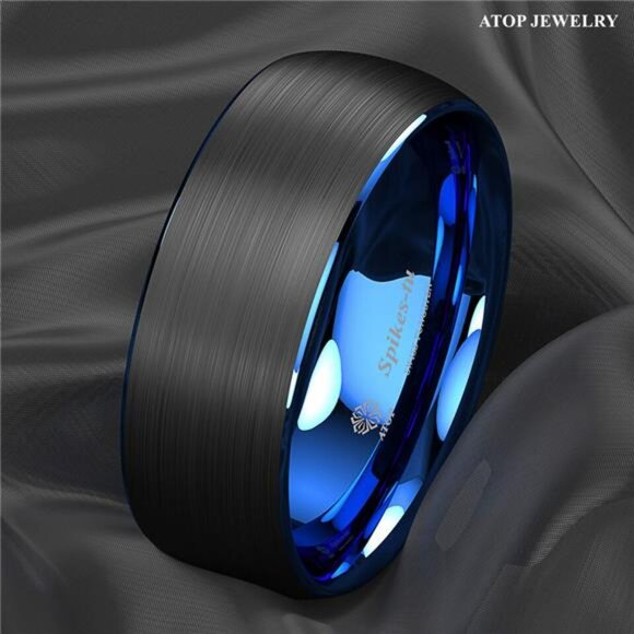 Men's Wedding Band Rings - Dome Brushed Blue Black - Wedding Rings - Picture 2 of 9